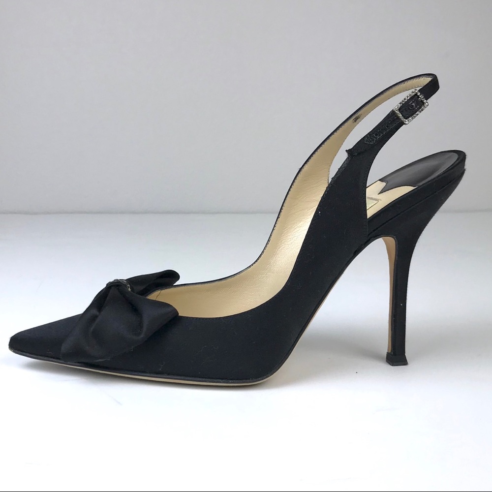 Jimmy Choo Black Satin Bow Slingback Heel Pumps